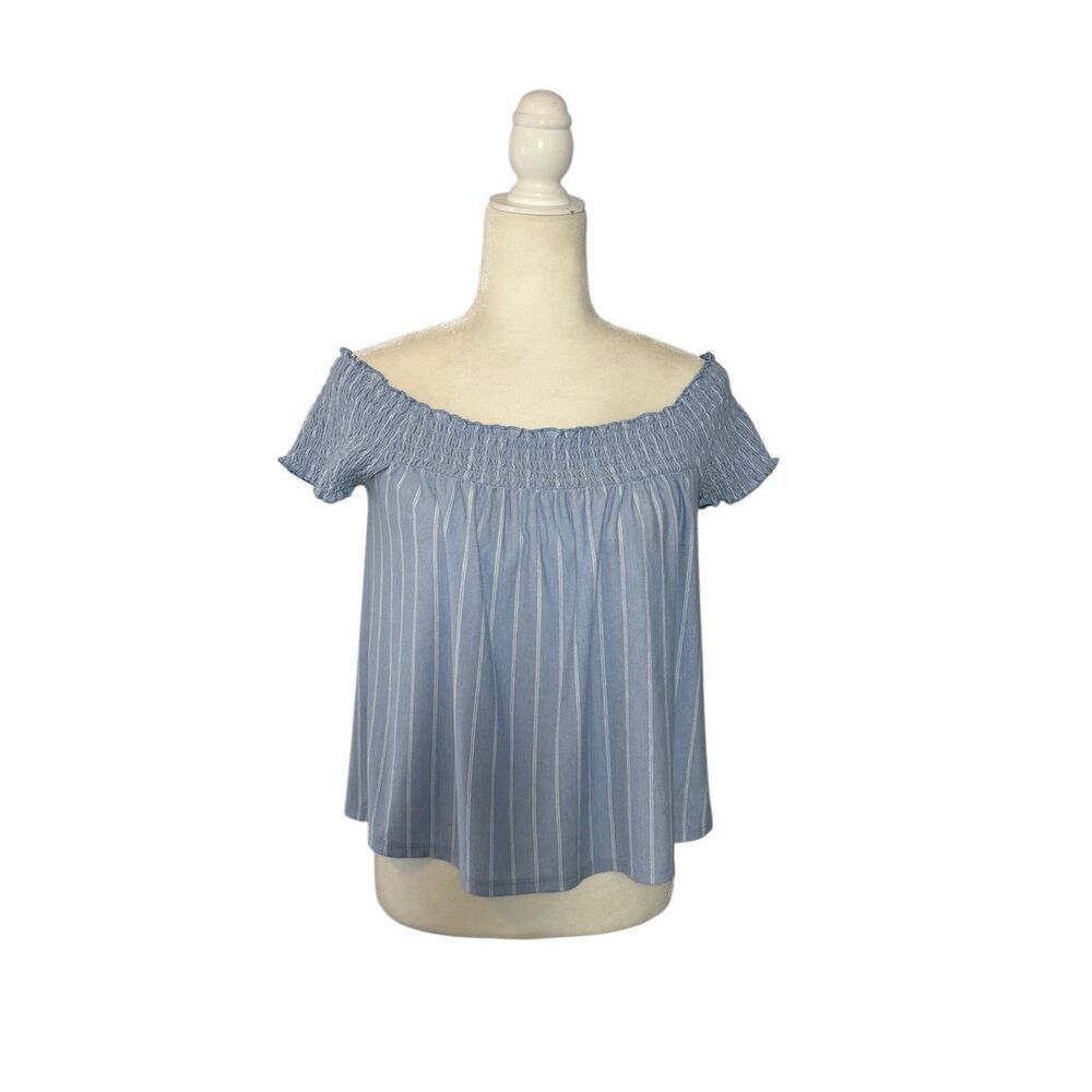 American Eagle light blue with white stripes off-shoulder flared blouse - M